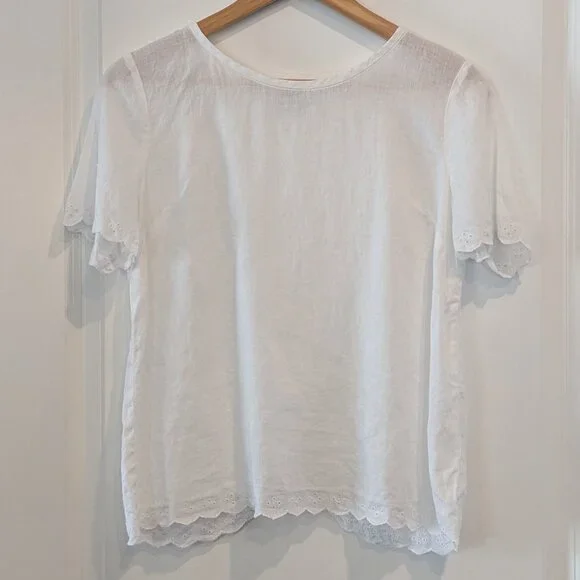 J. Crew Top Women's Size 2 White Scalloped Split-Back Linen Eyelet Blouse #C4806 - Picture 5 of 14